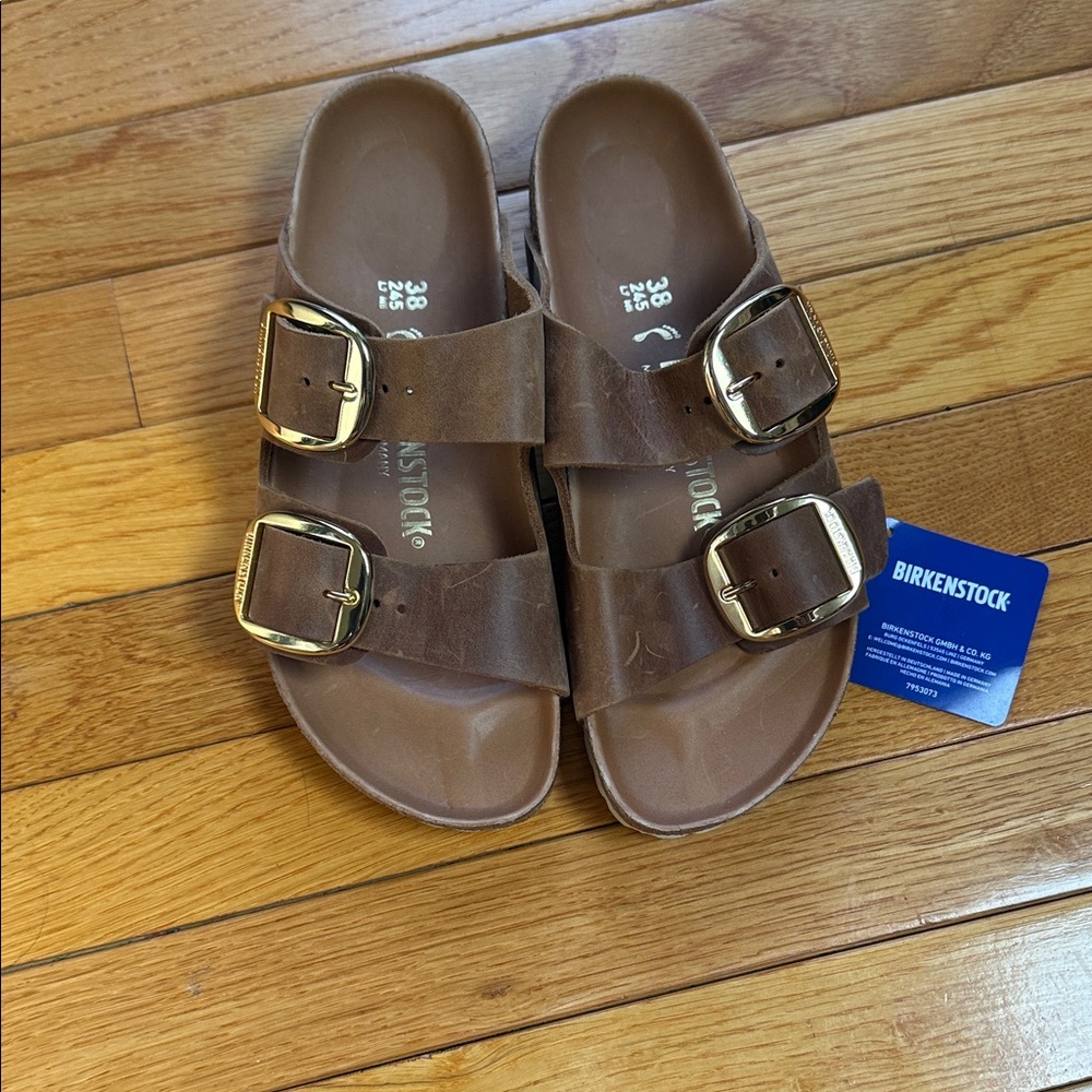 Birkenstock Arizona Sandals in Brown with Gold Buckles